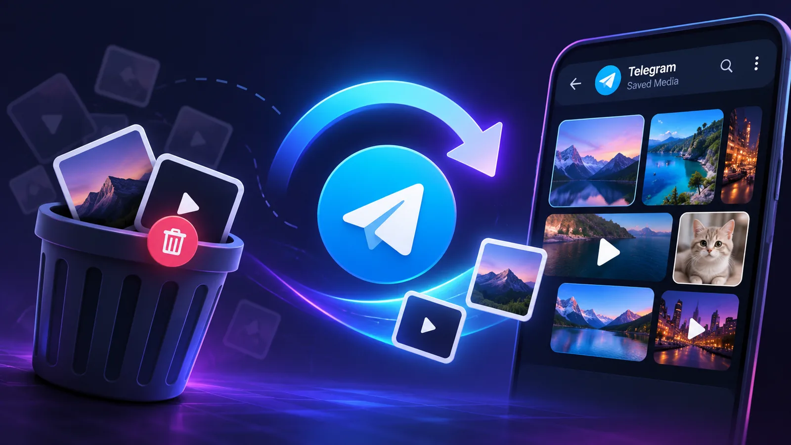Illustration: deleted Telegram photos and videos in a bin next to a phone's chat gallery